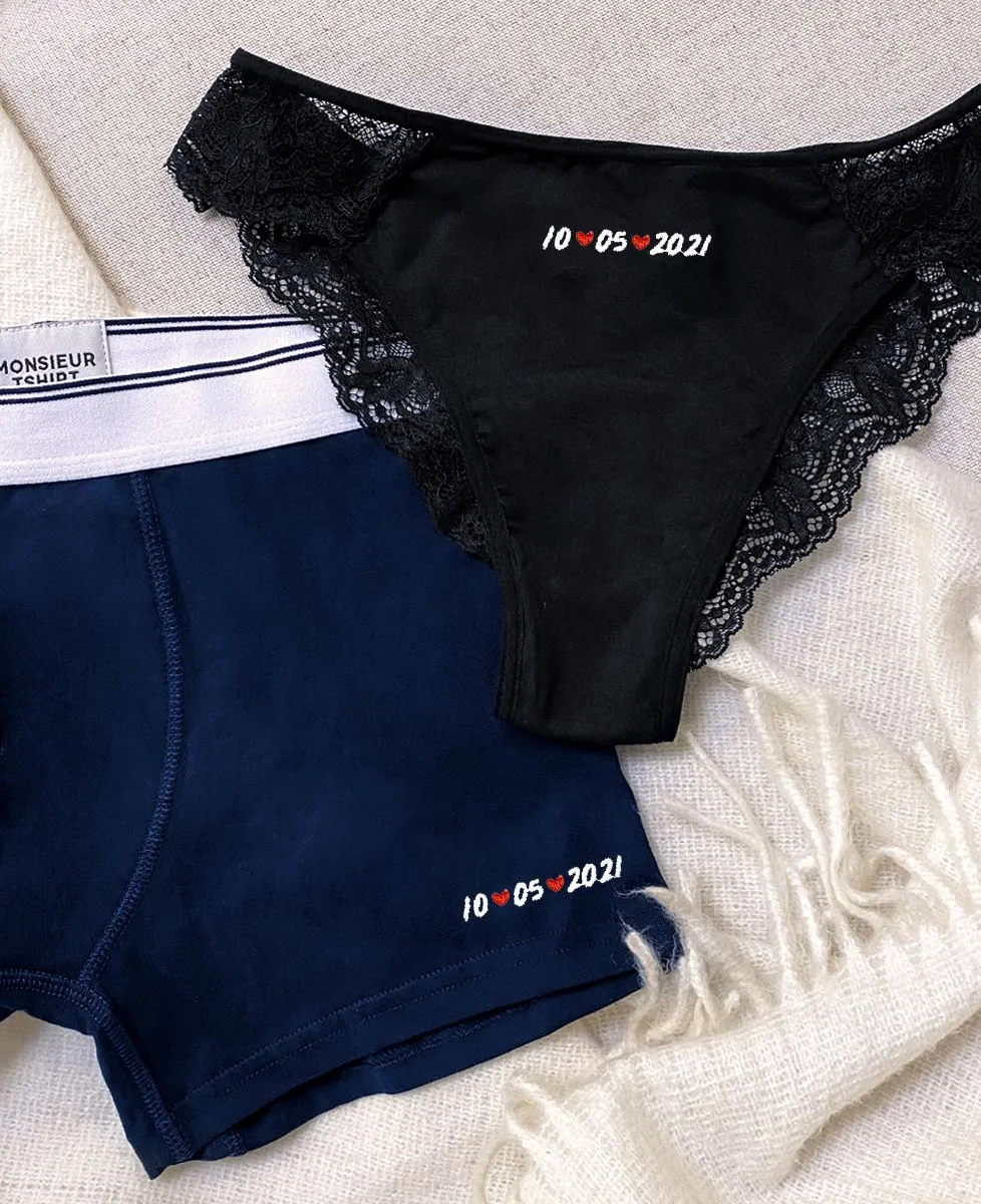 Boxer Date et coeurs brodé personnalisé