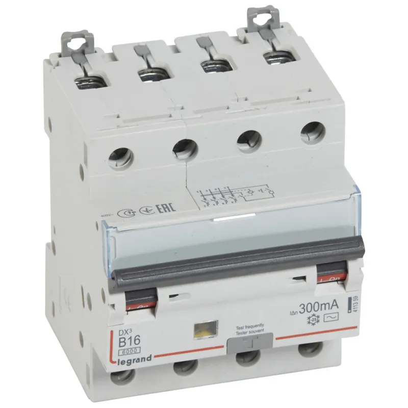 Disjoncteur différentiel monobloc DX6000 10kA arrivée haute départ bas à vis 4P 400V~ 16A typeAC 300mA courbe B (411359)