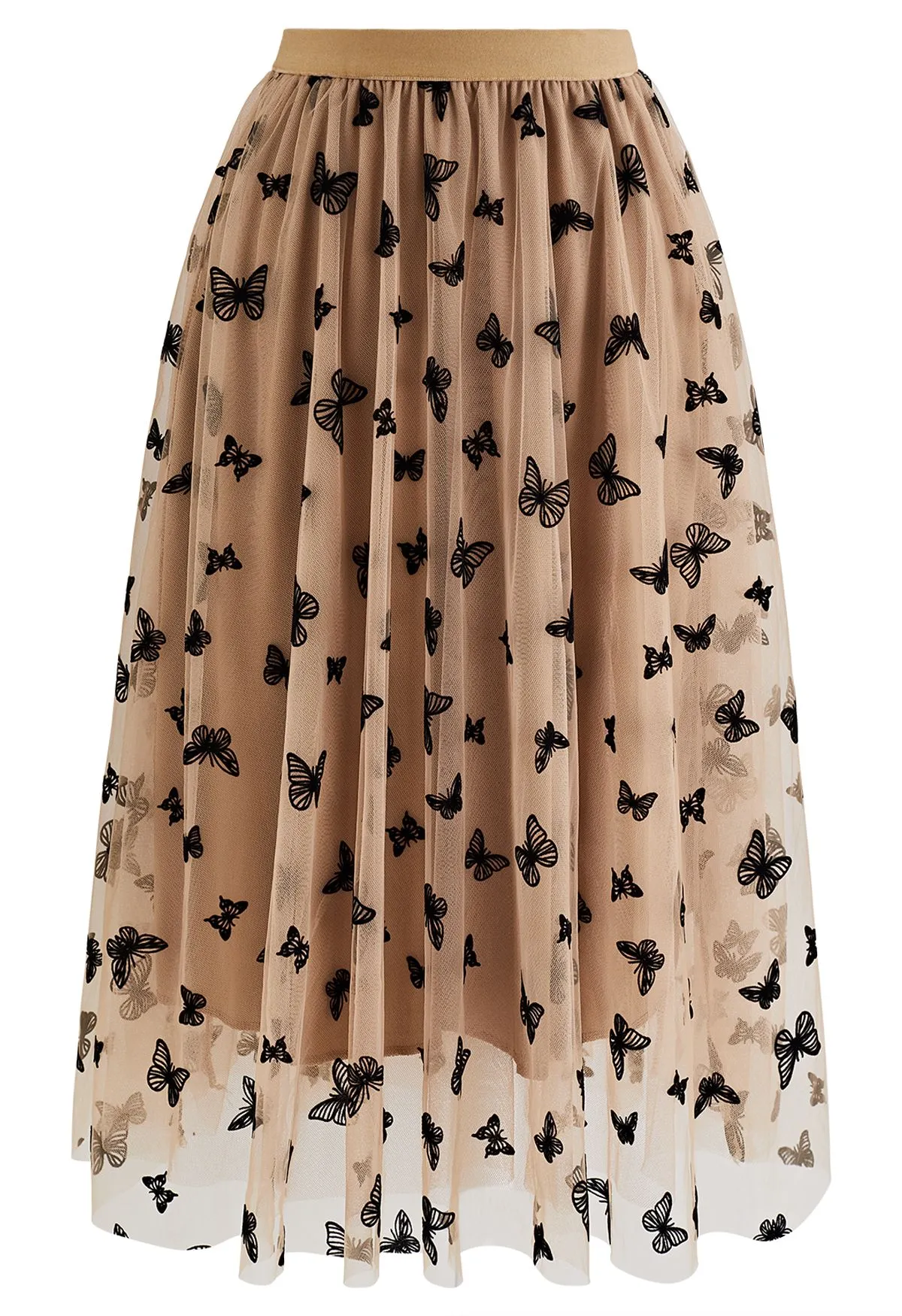 Jupe mi-longue en tulle à maille papillon en velours caramel