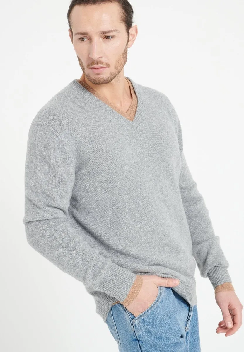 Pull col V cachemire 4 fils gris clair homme - LUKE 13