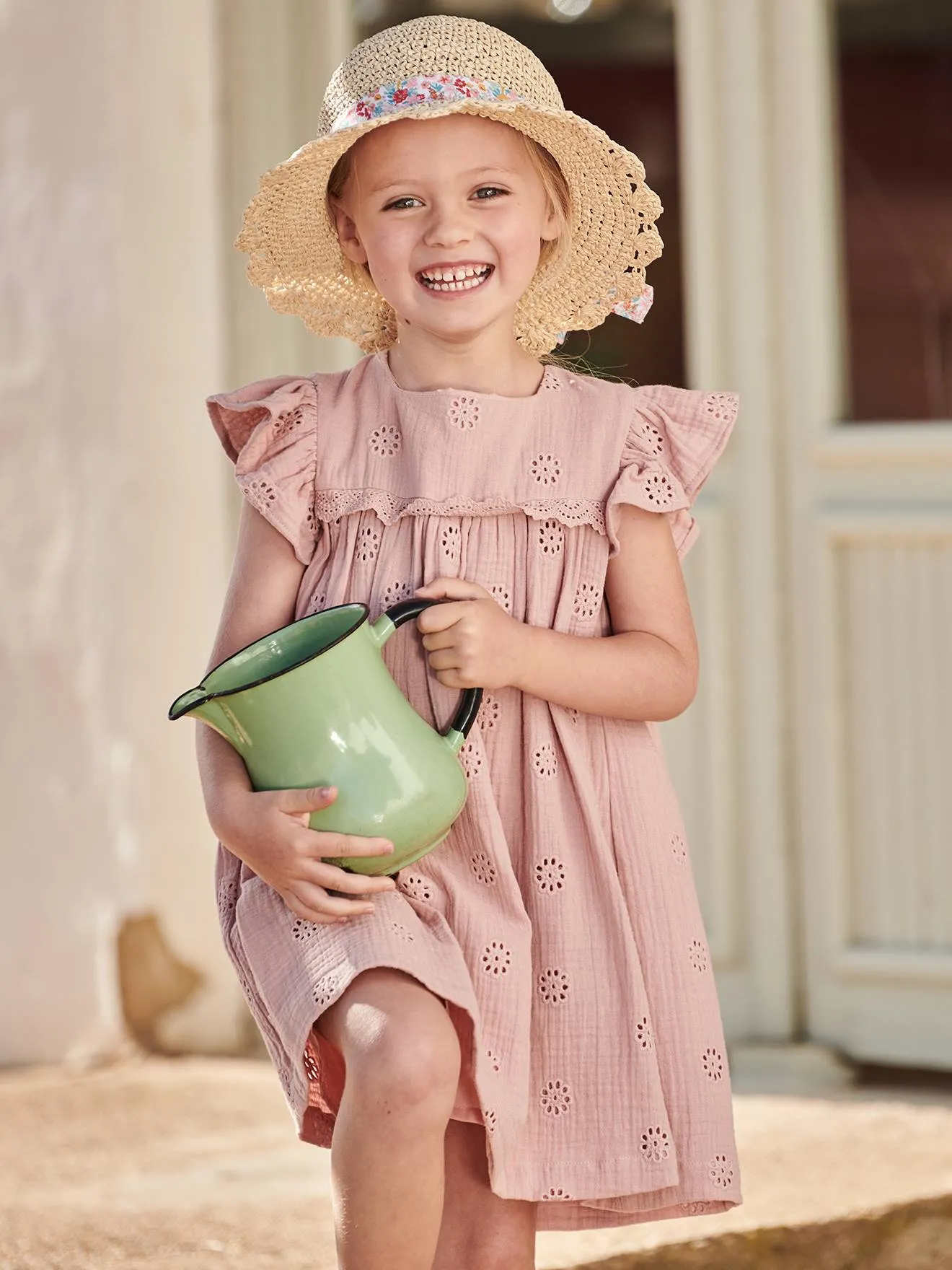 Robe cérémonie brodée fleurs en gaze de coton fille vanille - Vertbaudet