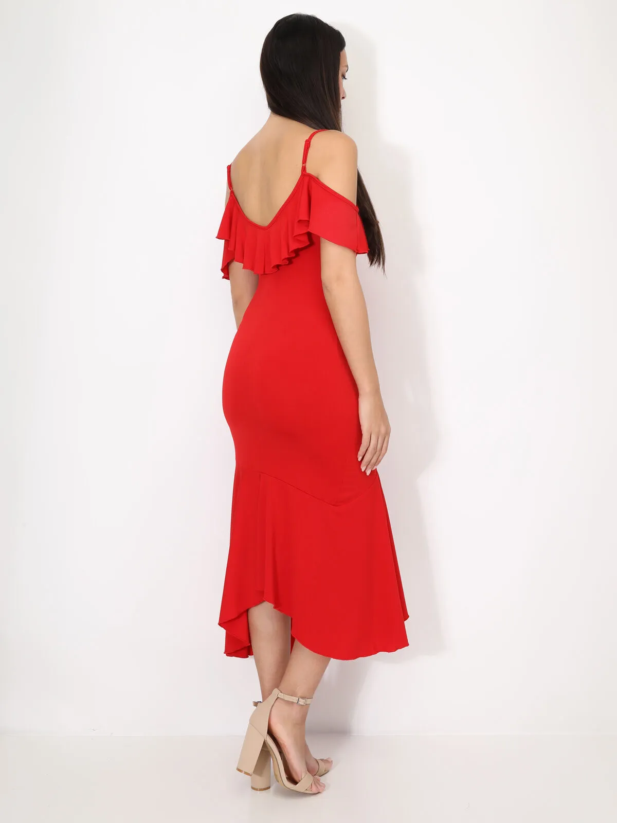 Robe moulante à volants- Rouge